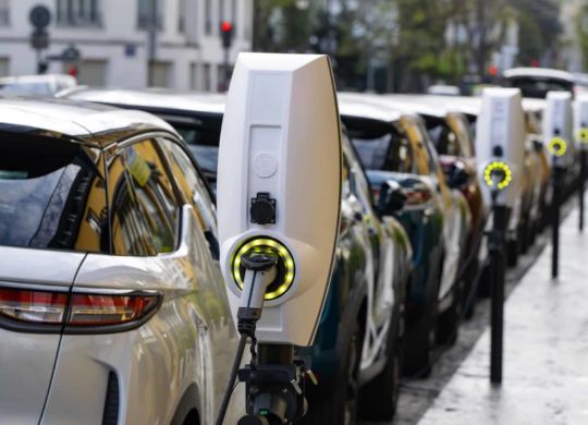 Public charging points in a row on the street. The charging points are a popular view.