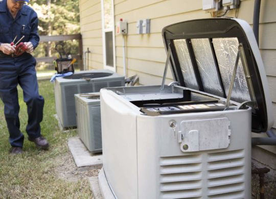 Senior Adult air conditioner Technician/Electrician services outdoor AC unit and the Gas Generator.